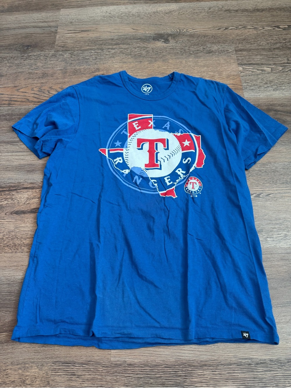 Texas Rangers MLB T-Shirt Royal Blue 47 Brand Mens Large Baseball Graphic Tee